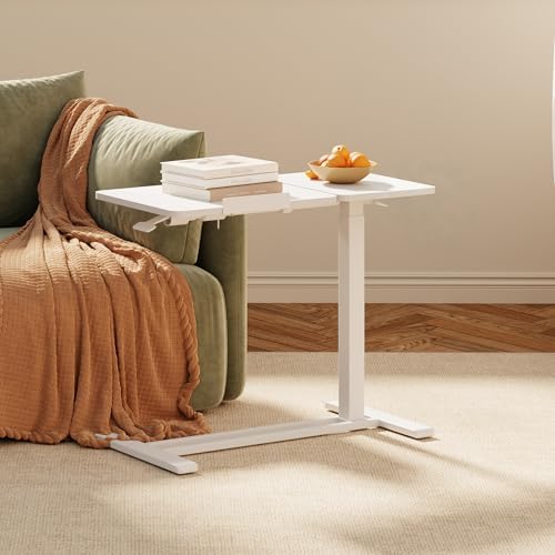 Adjustable Overbed Bedside Table with Wheels, Pneumatic Tilting Desktop Mobile Standing Desk, Rolling Laptop Desk for Bed, Sofa, or Hospital Use, (31.6" W x 15.7" D, White)