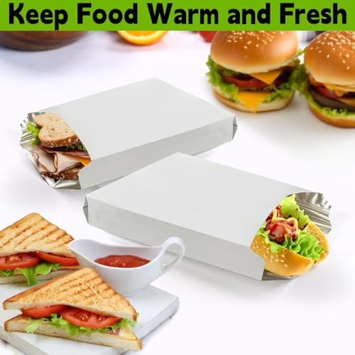 Foil Hamburger Wrappers, 4 LB Insulated Aluminum Sandwich Bags Wrap Sleeves, Greaseproof Paper Foil Hot Dog Bag for Breakfast Lunch, Fast Food, Food Truck, BBQ, 100 Pack, 6.3" x 1.5" x 10.2"