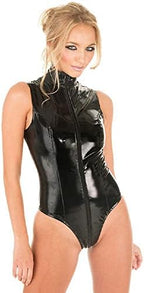Women Sexy Shiny Leather Leotard, Glossy, Plus Size, Double Zipper Open Crotch