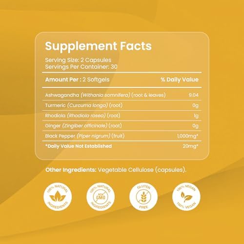 Adaptogenic Wellness Blend Capsules – Ashwagandha, Turmeric, Rhodiola, Ginger, Black Pepper, Stress Relief, Mood, Inflammation, Vegan, Non-GMO, Gluten-Free, 60 Capsules