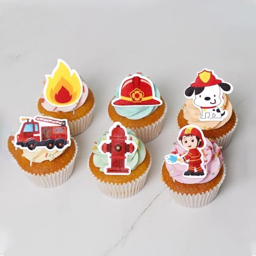 60 PCS Edible Fire Truck Cupcake Toppers Fireman Cupcake Picks Edible Fire Department Cake Decorations for Fire Truck Engine Rescue Theme Baby Shower Birthday Party Cake Food Decorations Supplies