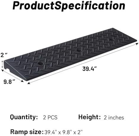 2 Pack Rubber Curb Ramps Driveway ramp, 2" H, 39.4" L, 9.8" W, Heavy Loading (6600LB)/3 Ton Capacity, Threshold, Motorcycle, Loading, Bikes, Wheelchairs Ramps