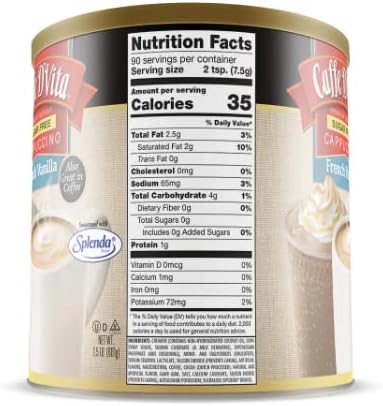 Caffe D'Vita Sugar Free French Vanilla Cappuccino - Instant Coffee Powder Mix, Gluten Free, No Cholesterol, No Hydrogenated Oils, 99% Caffeine Free - 1.5 Lb Can