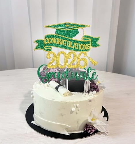 Congratulations 2026 Graduate Cake Topper, Congrats Grad - Class of 2026 Graduation Party Decorations, Boys Girls Graduation Decorations Supplies Green & Gold Glitter