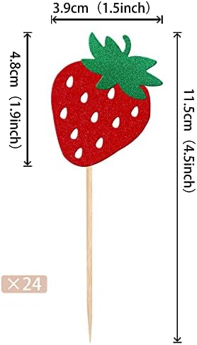 24 PCS Strawberry Cupcake Toppers Red Glitter Fruit Theme Berry Strawberry Cupcake Picks for Summer Sweet Fruit Baby Shower Kids Birthday Party Cake Decorations Supplies Red