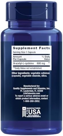 Life Extension N-Acetyl-L-Cysteine (NAC), Immune, Respiratory, Liver Health, NAC 600 mg, Potent antioxidant Support, Free-radicals, Easy to Absorb, 60 Capsules