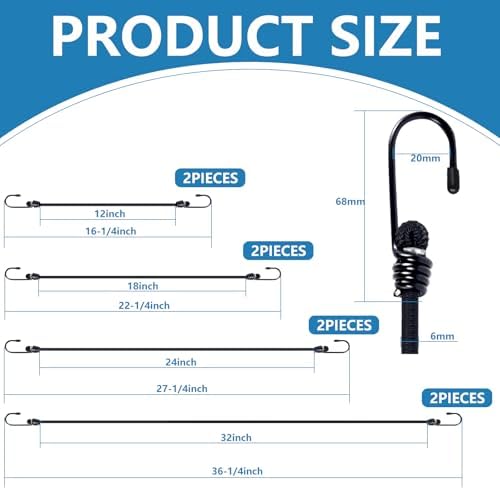 Bungee Cords with Hooks 8 Pack Bungee Cord Includes 12 inches, 18 inches, 24 inches, 36 inches for Bundling Items, Fixing Tarps, Tents, and Carrying Luggage