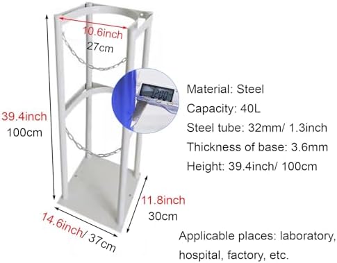Steel Cylinder Tank Rack with Protective Chain & Fixing Screws, Floor Mount Cylinder Bracket, Gas Cylinder Fixed Shelf for Laboratory Factory(White (1 pc),10.6inch/27cm)