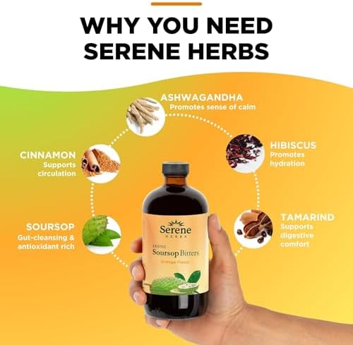 Serene Herbs Soursop Bitters Liquid – Organic Herbal Sour SOP Guanabana with Black Seed, Moringa, Irish Moss & Ginger – Gut Support, Energy & Immune Boost – Vegan, Non-GMO – Orange Flavor – 16 oz