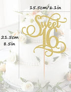 Sweet 16 Cake Topper - Gold Glitter 16th Birthday Party Decorations Supplies - Cheers to 16 Years, 16th Wedding Anniversary/Friendship Anniversary Party Cake Decor