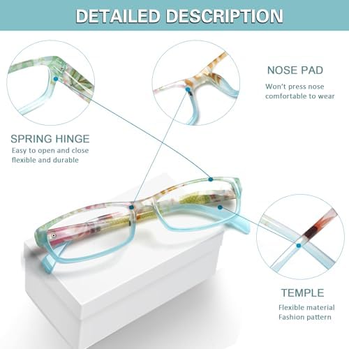 Kerecsen Reading Glasses 5 Pairs Fashion Ladies Readers Spring Hinge with Pattern Print Eyeglasses for Women (Mix Color -8, 1.50)