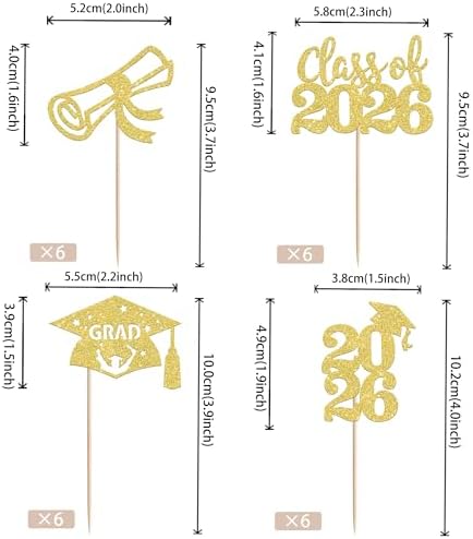 24 PCS Class of 2026 Graduation Theme Cupcake Toppers Glitter Diploma Graduation Cap Cupcake Picks 2026 Graduation Theme Party Cake Decorations Supplies Gold