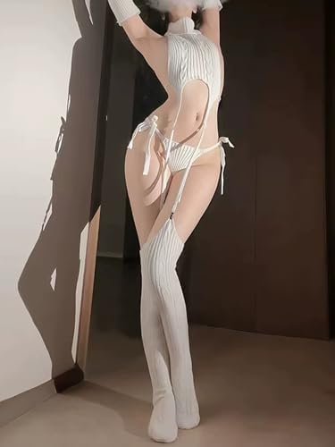 paloli Women's White Knit Sweater Lingerie Set Halter Crop Top with Garter Design, Sexy Cosplay Outfit