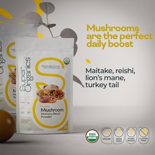 Super Organics Mushroom Memory Blend Powder – Organic Superfood Mushroom Supplement with Lion’s Mane, Reishi, Maitake & Turkey Tail, Vegan Adaptogenic Powder, 6 oz