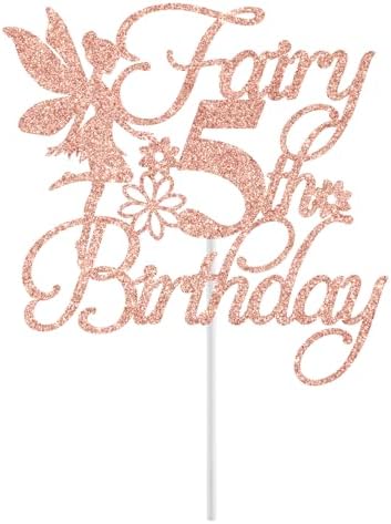 Fairy 5th Birthday Cake Topper, Fairy Happy 5th Birthday Decorations, Girls Five Bday Cake Decor, Floral Fairy Bday Party Decorations, Rose Gold Glitter
