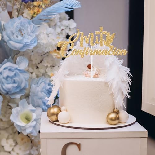 Zatain Mi Confirmacion Cake Topper, Spanish Mi Bautizo, First Holy Communion, Religious Wedding/Engagement/Baby Shower/Confirmation/1st Birthday Party Decorations - Gold Glitter