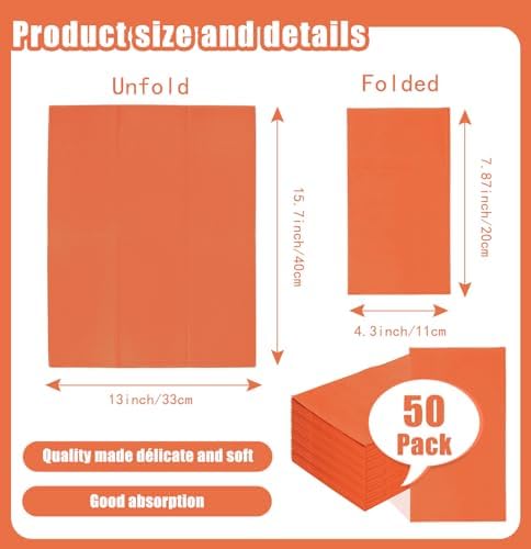 SietDESEO 50 Pieces 3-ply Orange Napkins Disposable 13 x 15.7 Inches Guest Bathroom Napkins Dessert Napkins Disposable Hand Towels for Bathroom Wedding Birthday Party Paper Dinner Napkins