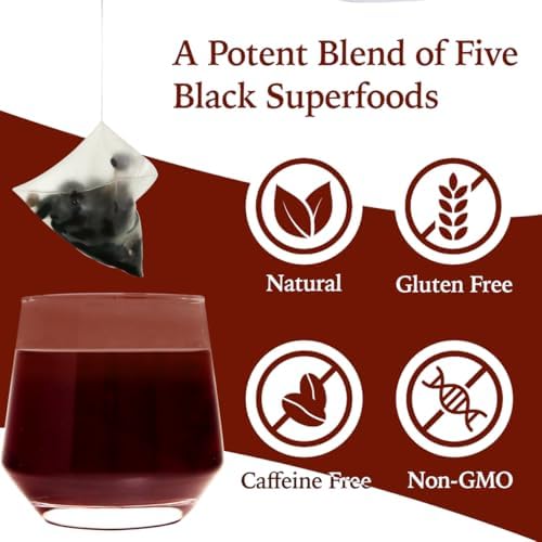 LEAFROOT 20 Teabags Natural Five Black Tea, Wu Hei Sesame Seeds Mulberry Black Wolfberry Tea Combination Chinese Herbal Tea, Hair care for Gray Hair Reverse, Nourishing Liver and Kidney