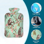 Hot Water Bottle with Cover Monkeys Floral Print, 2L Mini Hot Water Bag for Pain Relief, Cold Days, Gift for Women Men