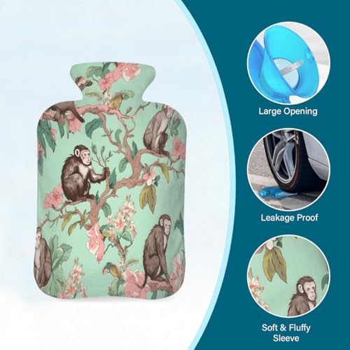 Hot Water Bottle with Cover Monkeys Floral Print, 2L Mini Hot Water Bag for Pain Relief, Cold Days, Gift for Women Men