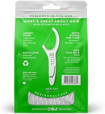 GRIN Clean Flosspyx, Floss Picks, 150 Count, Dental Flossers, Minty Flavor, Recycled Plastic, Super Strong Fine Floss, Tight Teeth, Premium Longer Floss Head, Includes Safe Fold-Back Tooth Pick