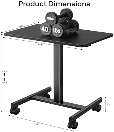 CROWNFURN Mobile Small Standing Rolling Desk Adjustable Height, Portable Laptop Desk on Wheels, Workstation for Home Office with Hook,Black