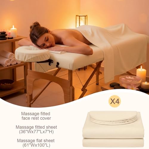 Oudain 4 Sets 3 Piece Soft Microfiber Massage Table Sheets Set Bulk Includes Massage Flat Sheet and Fitted Sheet and Face Rest Cover(Beige)