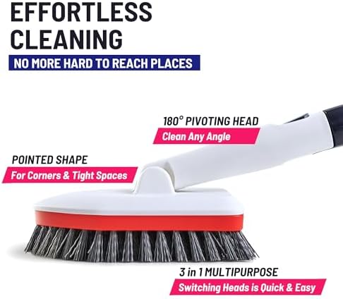 Shower Scrubber 3 in 1 Extendable Long Handle 58" Cleaning Brush - Non Scratch Shower Brush for Cleaning Bathroom Kitchen Toilet Wall Tub Tile Sink (Red)