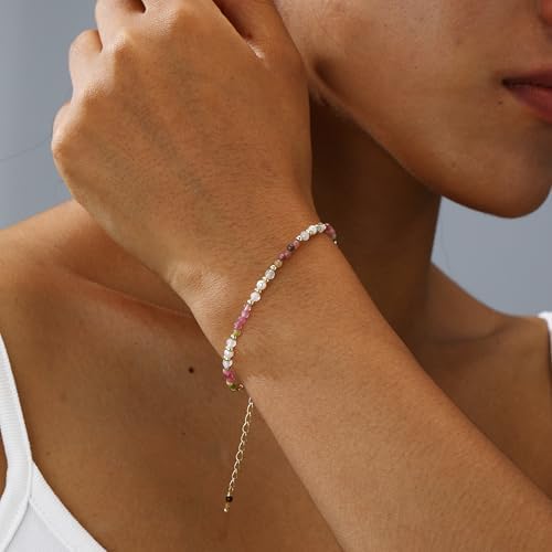 Rainbow Tourmaline Pearl Crystal Bracelet, 3mm Beaded Delicate Minimalist Jewelry, Dainty Stackable Bracelet for Women