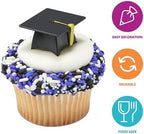 DecoPac Grad Hat Cupcake Toppers, 24 Graduation Cake Pics, Black Grad Hat DecoPics, Food Safe Cake Decorations - 24 Pack