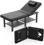 Folding Stationary Massage Table with Backrest and Storage Space for Treatment Table Physical Therapy Table Spa Facial Bed, 6 Round Legs Metal Frame PU Leather, 30.5'' Wide × 75'' Long - Black