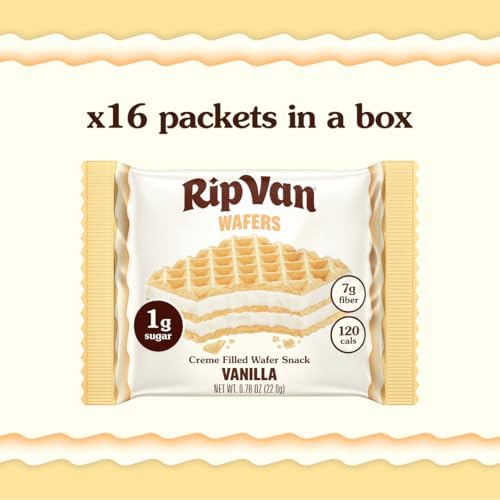 Rip Van Vanilla Keto Wafer Cookies, Healthy Vegan Snack, Non GMO, Low Carb, Low Sugar (1g), Low Calorie, 16 Count