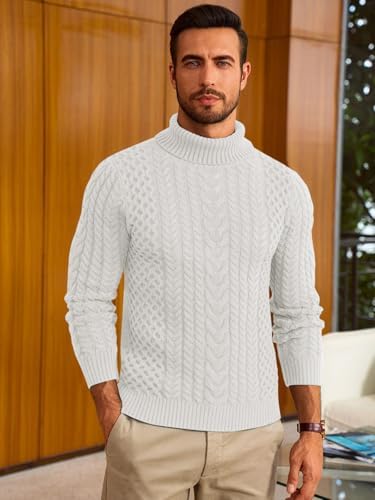 Runcati Mens Turtleneck Sweaters Cable Knitted Casual Fall Winter Warm Pullover Slim Fit Twisted Chunky Sweater