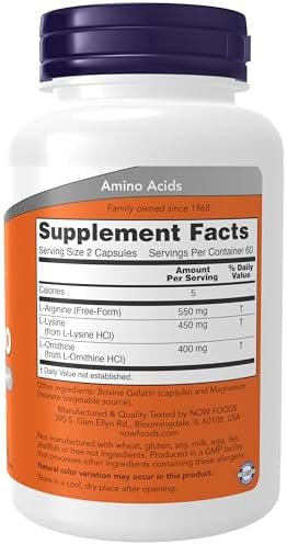 NOW Foods Supplements, Tri-Amino with L-Arginine, L-Ornithine, L-Lysine, Supports Protein Metabolism*, 120 Capsules