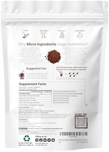 Micro Ingredients Organic Mega Mushroom Powder,10 Ounce (284 Days Supply) | 10 in 1 Complex Formula for Immune System Booster | Chaga, Lions Mane, Cordyceps, Reishi & More | Filler Free, Vegan