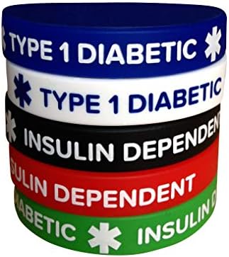 Type 1 Diabetes Silicone Medical Alert Bracelets – 5 Pack, Insulin Dependent Diabetic Wristbands for Adults - 7.8 inches – Waterproof, Unisex Design for Men & Women