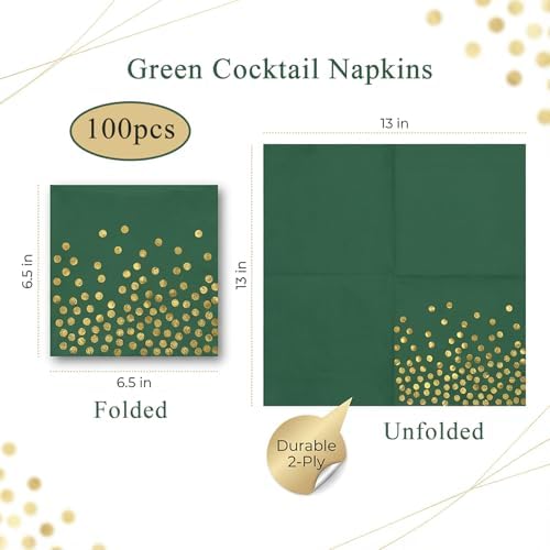 100Pcs Green Cocktail Napkins, 6.5 Inch Gold Dots Paper Napkins Disposable Party Napkins for Bar, Weddings, Graduations, Easter, St. Patrick‘s Day Decorations