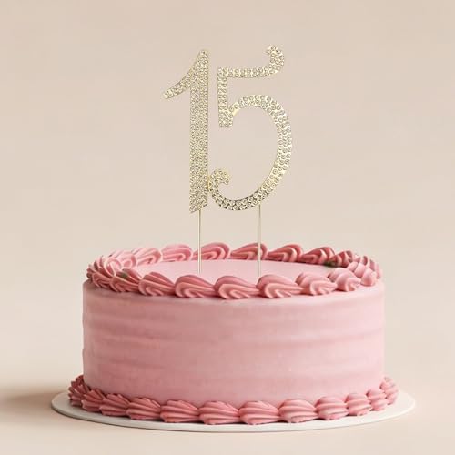 15th Birthday Cake Topper, Gold Sparkly Bling Number 15 Cake Decoration with Crystal Rhinestones for Anniversary Party Decor