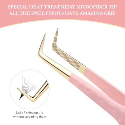 Lash Tweezers Set for Eyelash Extensions - 3 Precision Fiber Tip Diamond Grip, Volume,L-shape Boot, 90 Degree Lash Tweezers for Volume Classic Lashes Premade Fans (3)