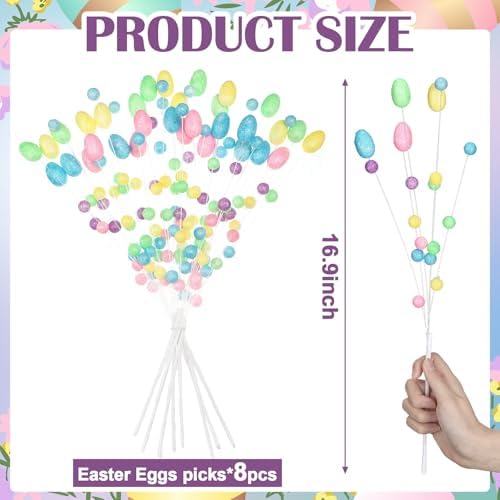Zeyune 8 Pack 17 Inch Easter Pastel Egg Picks Glitter Spring Foam Eggs Berries Branches Stems Easter Tree Decoration for Spring Vase Floral Arrangement Table Centerpiece Wreath Decoration
