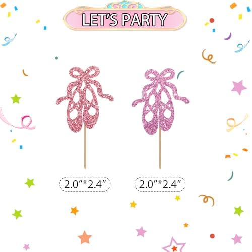 24pcs Ballet Cupcake Toppers, Ballet Shoes Cupcake Toppers, Pink Glitter Ballerina Cake Decoration for Girl, Ballet Themed Baby Shower/Birthday Party Supplies