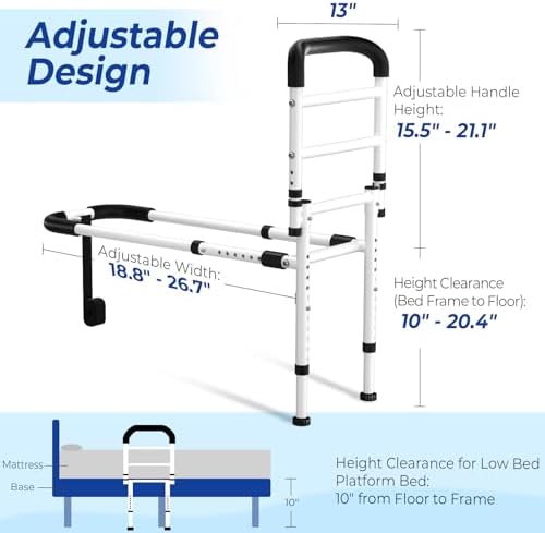 KingPavonini Bed Rails for Elderly Adults Safety 2026 Upgrade, ASTM-Approved Bed Rails for Seniors with Anti-Wobble Adjustable Feet, 400lb Bed Cane, Non-Slip Handle & Storage Bag, No-Tools, Model GS04