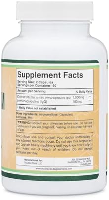 Colostrum Supplement 120 Capsules, 1,000mg per Serving (Bovine Colostrum Powder from First Milking Only, Std. to Contain 15% IgG Immunoglobulins) No Fillers, Third Party Tested by Double Wood