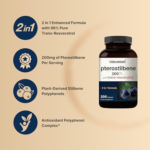 NatureBell Pterostilbene 200 mg Per Serving with Trans-Resveratrol – 200 Capsules – 2-in-1 Antioxidant Polyphenol Formula* – Non-GMO