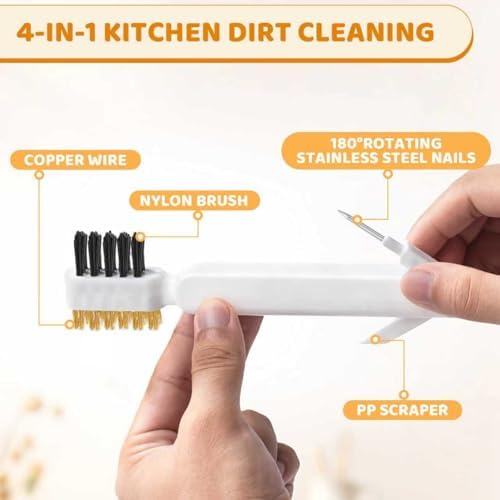 Kitchen Cleaning Scrub Brush, 4-in-1 Deep Gas Stove Top Cleaner With Brass Wire Brush, Stiff Bristles & Cooktop Scrape, Range Hood Grease Grime Rust Cleaner for Pot Pan Household Cleaning Tool