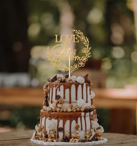 Love is in Bloom Cake Topper, Wildflower Themed Engagement Bachelorette Wedding Party Decorations, Floral Bridal Shower Cake Decoration, Flower Baby Shower Decor, Gold Glitter