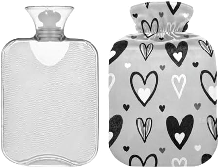 Grey Black Hearts hot Water Bottle with Soft Cover, 2L Water Bag for Hot and Cold Therapies,Hot and Cold Therapies,Bolsa para agua Caliente