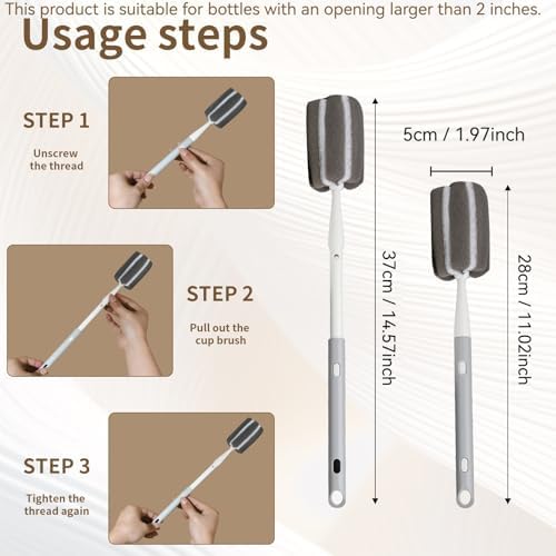 Sponge Bottle Brush Adjustable Long Handle Up to 14.5”High-Density Foam Bottle Brush & Scrubber Head Hanging Design with 4 Traceless Hooks – Bottle Cleaner for Glasses & More (2 Pack)