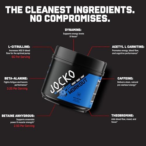 Jocko Fuel Ultimate Pre Workout Powder - Pre-Workout Energy Powder Drink for Men & Women - High Stim Sugar-Free Nootropic Blend to Support Muscle Pump, Energy, & Recovery 200mg Caffeine Blue Raspberry