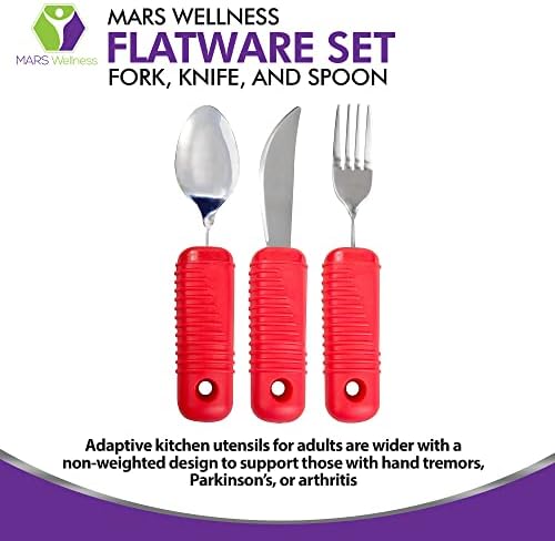 3 Piece Super Easy Grip Red Flatware Set - Bendable Built Up Large Fork, Knife, and Spoon - Red